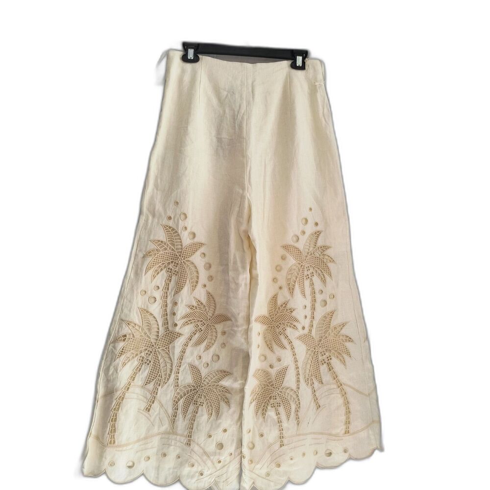 NWT Farm Rio Natural Linen Embroidered Wide Leg Pants Medium | New | Resort .